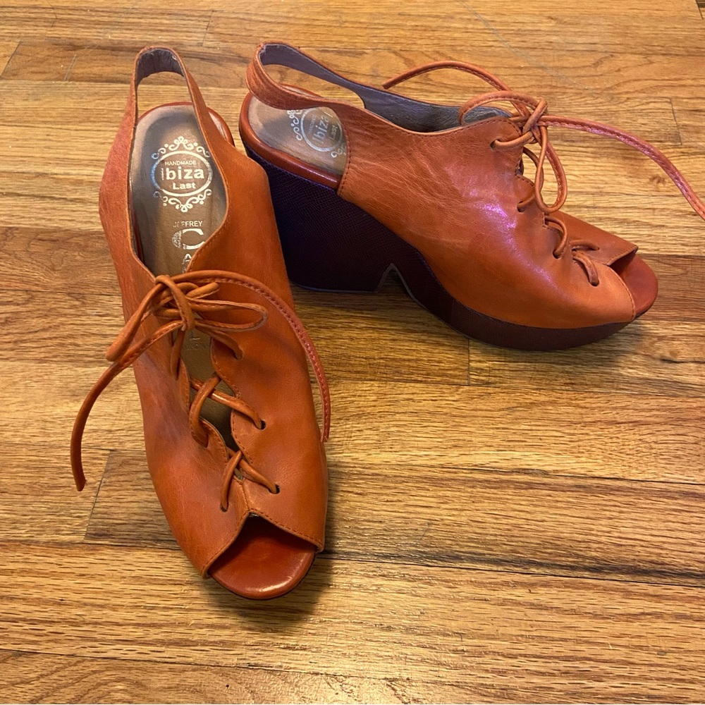 Jeffrey Cambell Ibiza Last orange peep toe, lace up platform wedge heels sz 8.